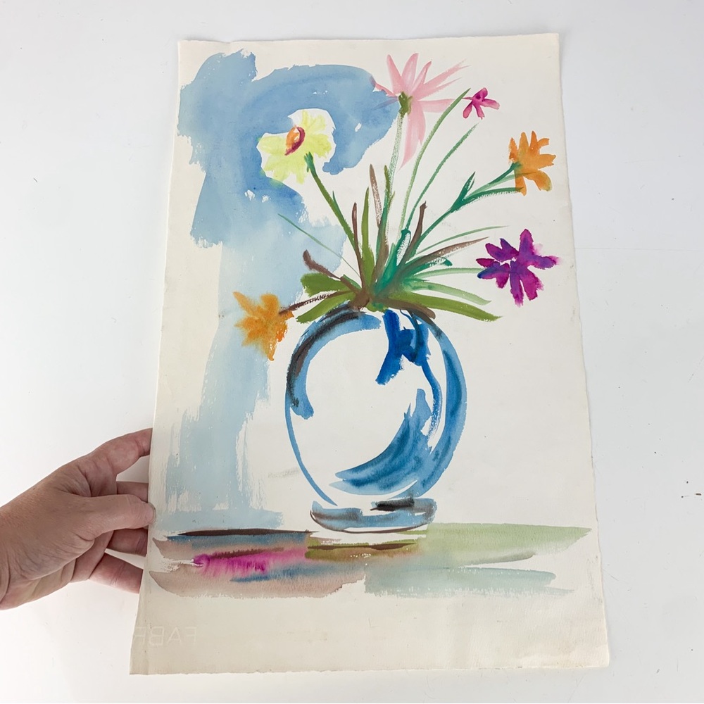 Vintage Mcm Vibrant Watercolor Painting Flower Bouquet Vase Rosemarie Hahn Paper